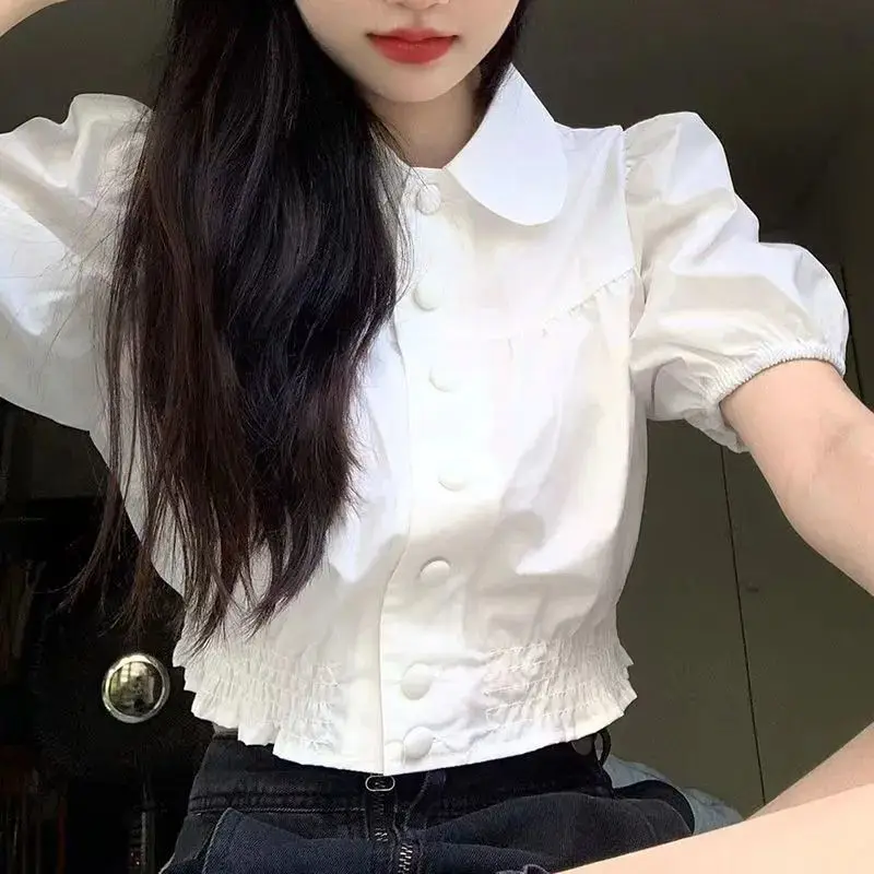 Youth Sweet Style Peter Pan Collar Shirt Korean Fashion Chic Short Tops Y2K Casual Female All Match Puff Sleeve Shirt Summer New