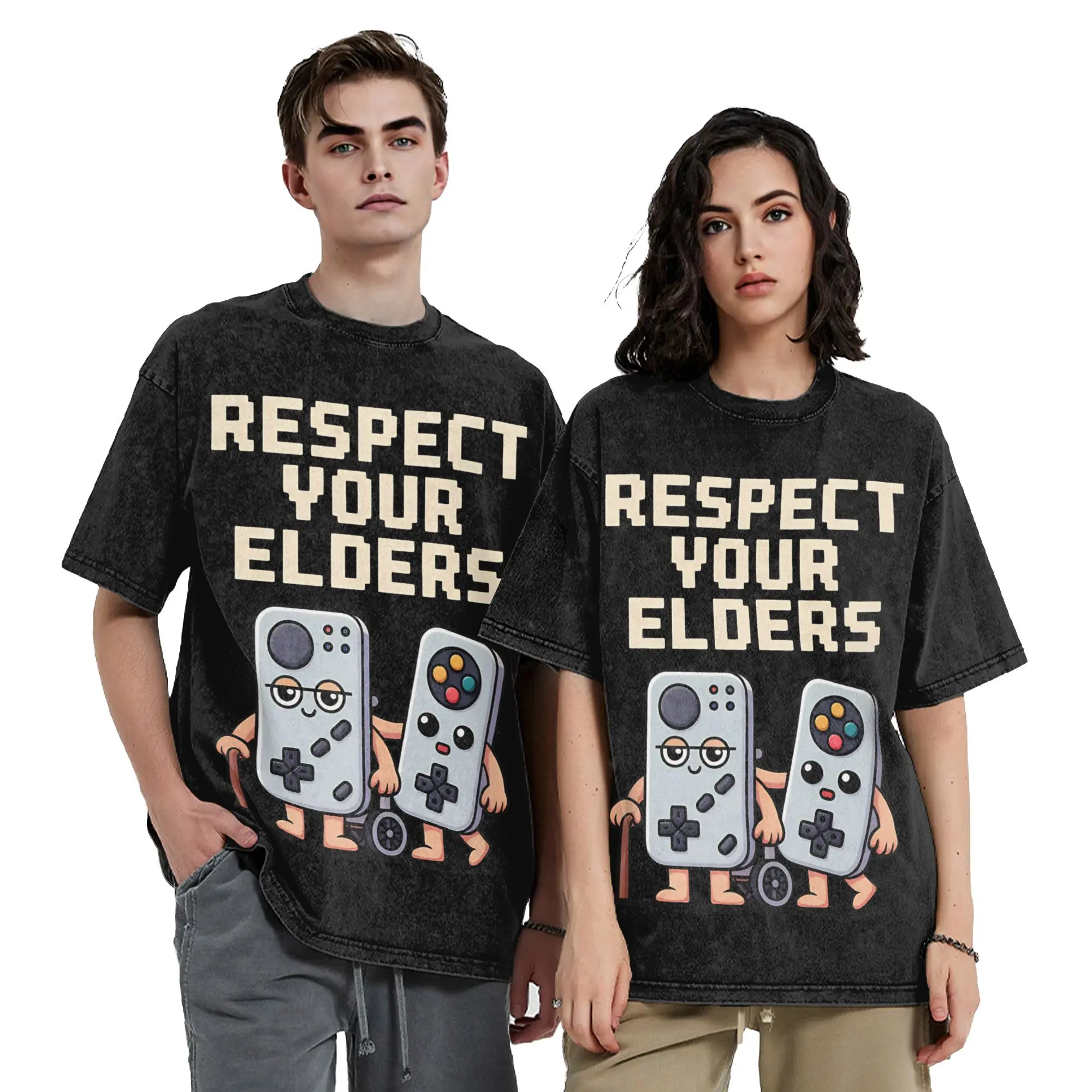 Respect Your Elders gaming retro controllers Washed T Shirt 100% Cotton T-Shirt O Neck    Tee Shirt Short Sleeve Tops Gift Idea