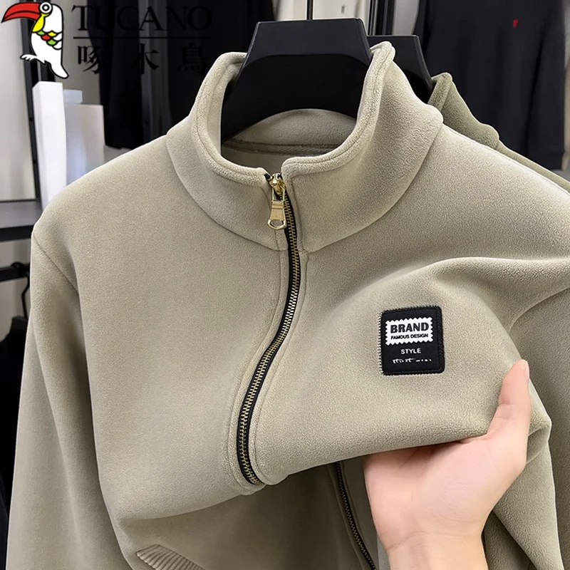 

Men's Fce Jaet Zipper Thiened Hoodie Outerwear Stand Collar Autumn Winter New Sle Casual Faion Warm Polyester Fiber