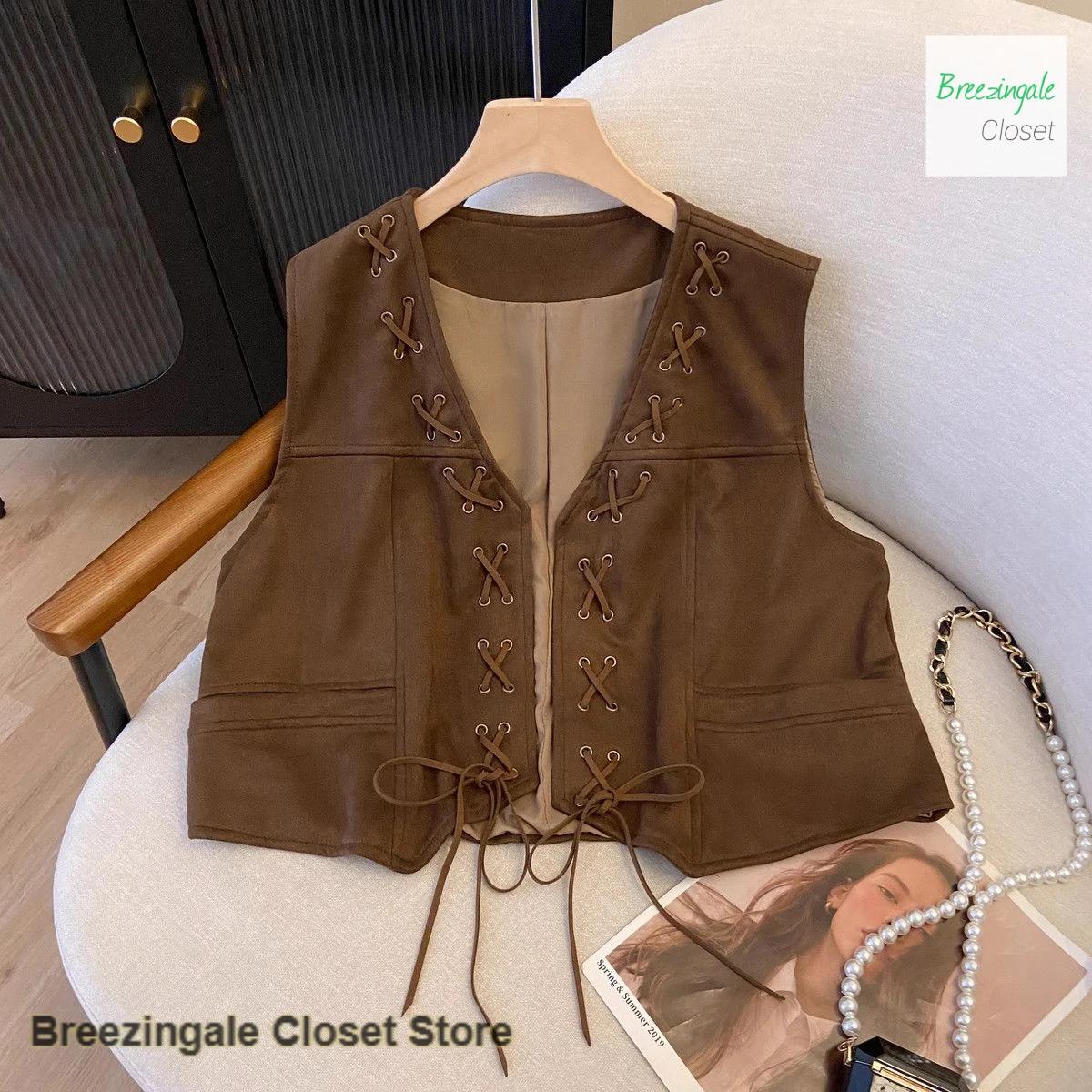 French-style retro coffee-colored strap suede pony girl spring and summer national wind with short overlapping coat vest.