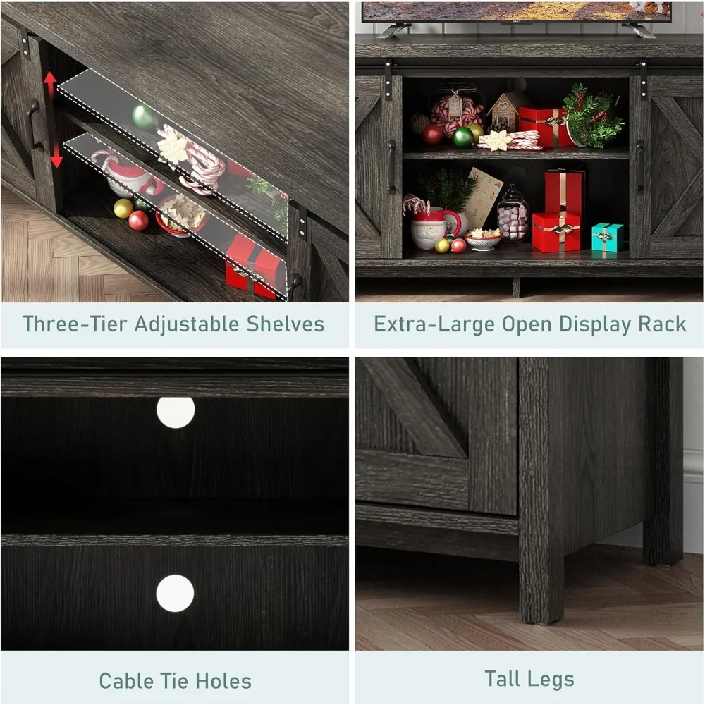 Porta TV rustico con 58 ante scorrevoli per fienile per TV 55-70 - Centro di intrattenimento in legno con ripiani regolabili