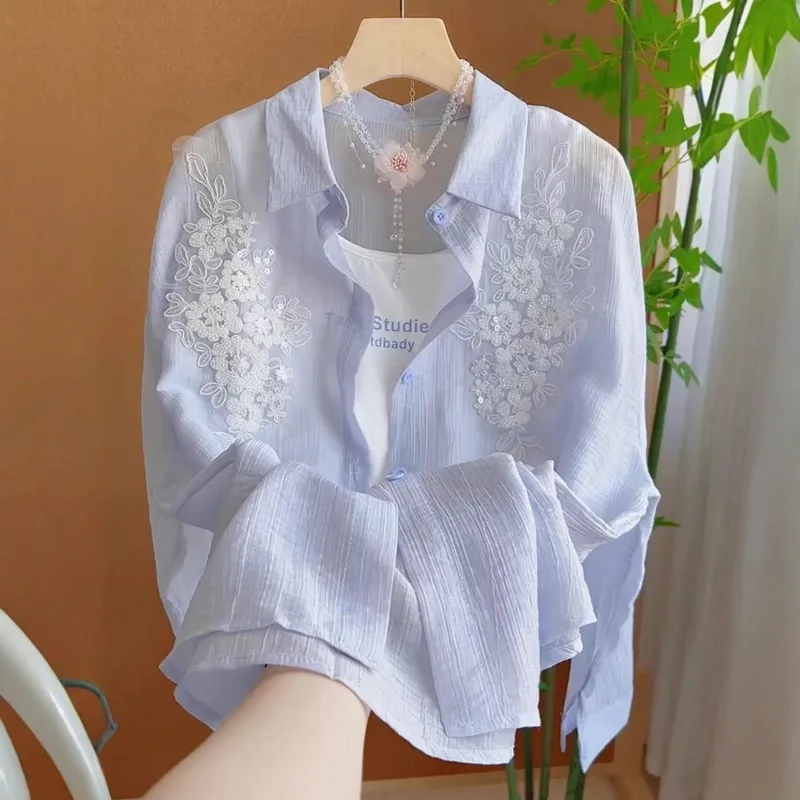 

Women's French Graceful Beads Floral Blue Thin Sunscreen Shirts 2025 Summer New Lady Long Sleeve Blouse Air Conditioned Tops
