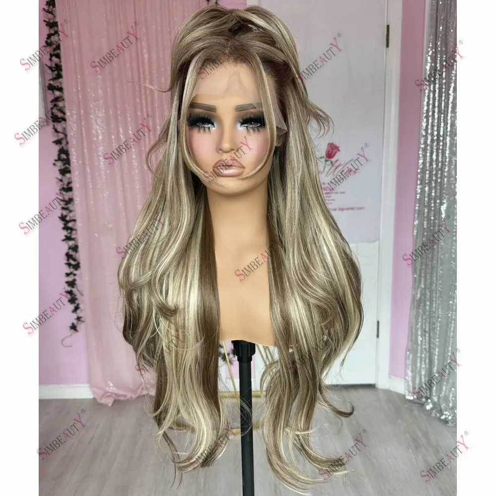 Pirang cahaya coklat Hightlight 13*6 renda Wig rambut manusia Ombre berwarna sedikit keriting 13*6 renda Wig Frontal untuk penggunaan sehari-hari wanita