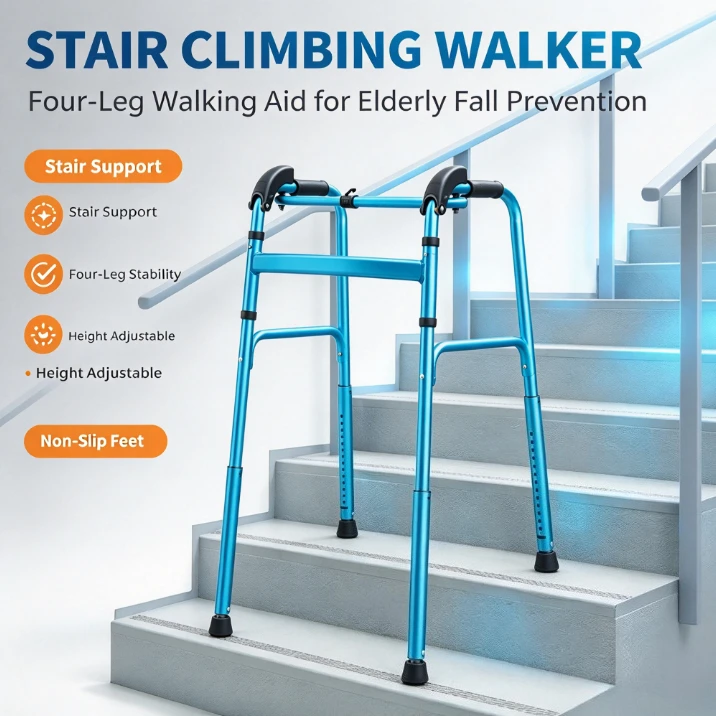 Stair Assist Walker Elderly 4 Leg Cane Hemiplegia Balance Support Adjustable Height Anti-Slip Mobility Aid Recovery Walking