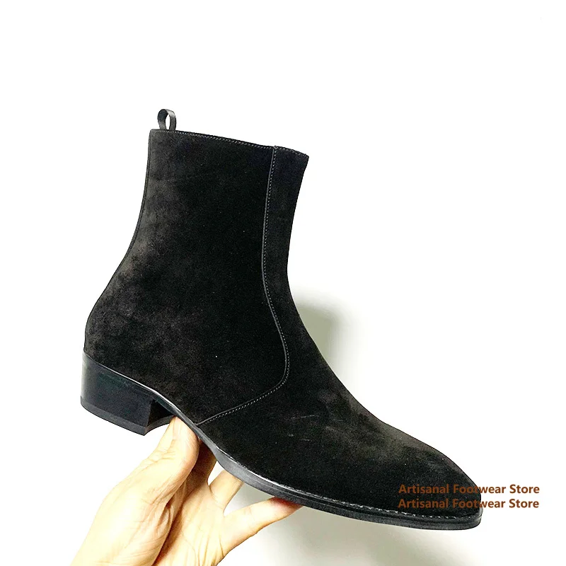 Black Suede Chelsea Boots Designer High-Top Height Increasing Men's Boots Solid Color Side Zipper Handmade Stylish Men Boots