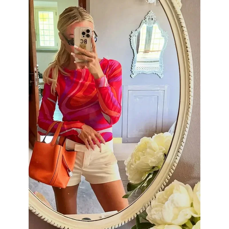 

Spring Summer Fashion Geometric Print Thin Style Slim Blouses Women's O-Neck Long Sleeve Vintage Casual Pullovers