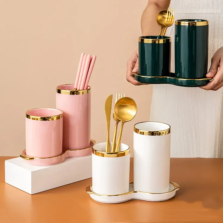 Ceramics Chopstick Holder Two-piece Suit with Base Kitchen Supplies Chopsticks Drain Rack Cutlery Storage Box Chopsticks Basket