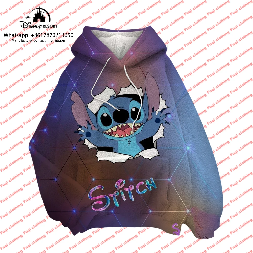 2024 New Children's Hooded Plush Sweatshirt Mickey Minnie and Stitch Cartoon Winter Round Neck Women's Fashion Casual Hoodie ins