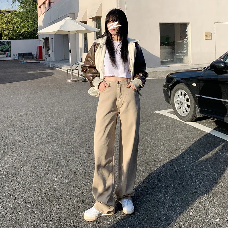 

High Waist Straight Leg Jeans Women's Khaki Color Casual Wide Leg Floor-Length Pants Spring 2023 Slimming Long Leg Effect Ver...
