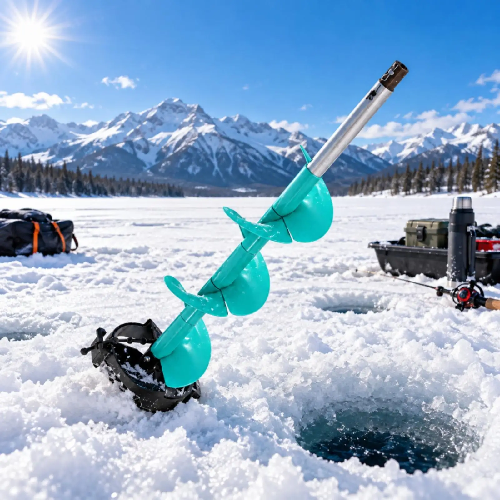 Ice Auger Drill Bit Attachment for Power Drill Ice Fishing Hole Maker with Metal Shaft Safety Guard for Frozen Pond