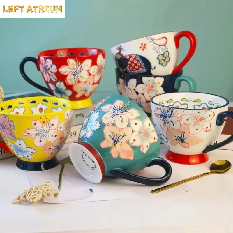 Creative Painted Flowers Ceramic Coffee Mug Large Capacity Oat Milk Mug Vintage Flower Pattern Teacup Drinkware Birthday Gift