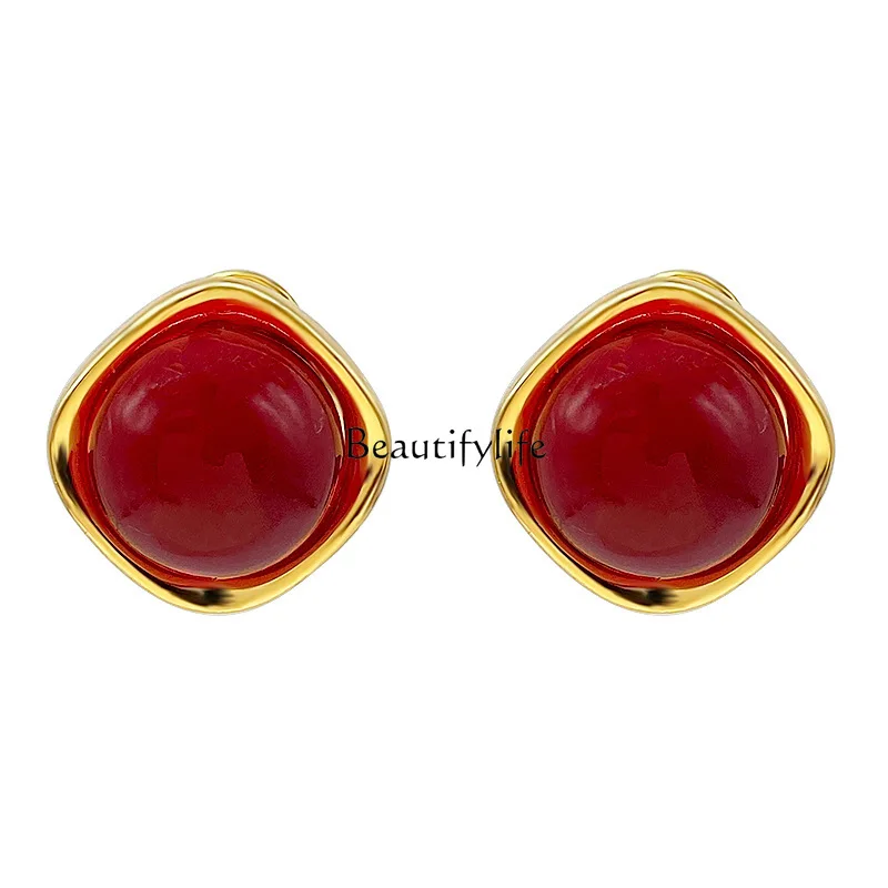 

Retro Hong Kong style candy color round stud earrings temperament simple design sense earrings