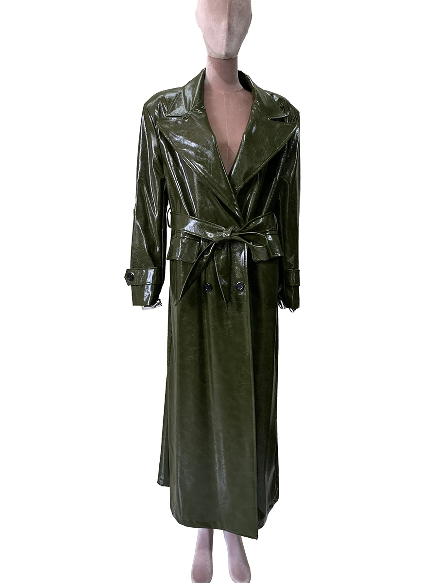 

Spring Autumn Loose Extra Long Shiny Patent Faux Leather Trench Coat for Women Peaked Lapel Sahes Double Breasted Overcoat 2026