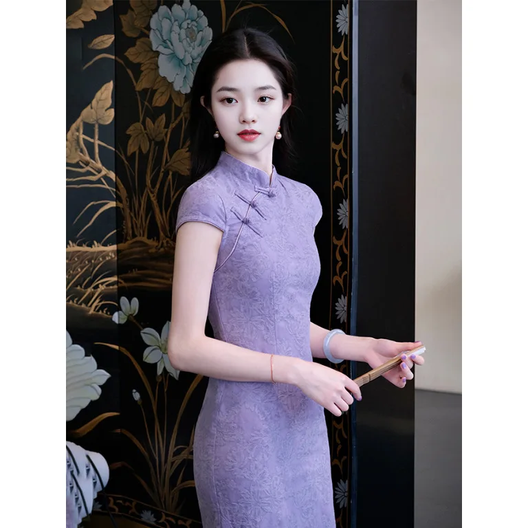 Summer Purple Chinese Jacquard Modified Cheongsam Dress Retro High Waist Long Qipao Mandarin Dress for Ladies Платья CH-152