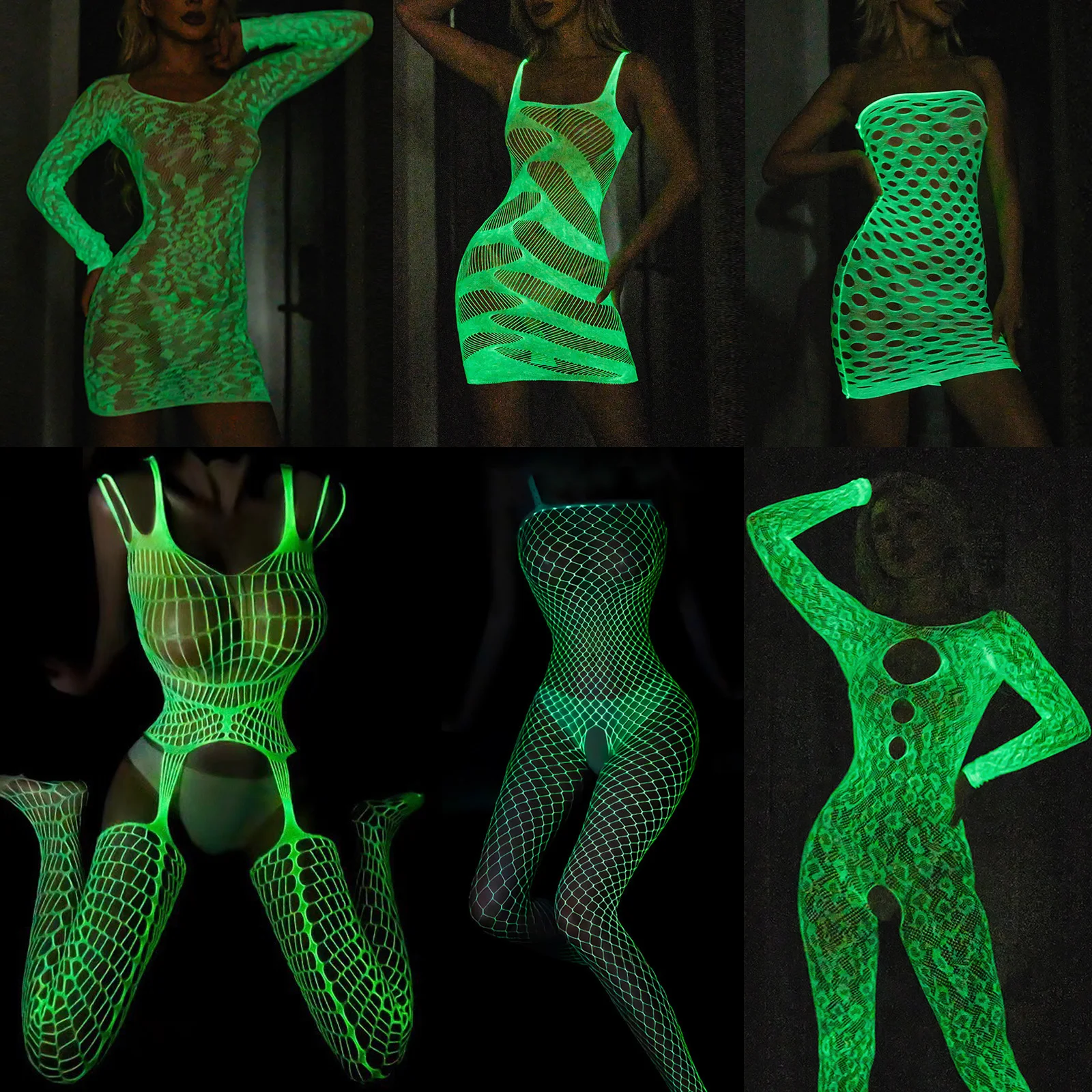 Luminous Sexy Lingerie Body Stocking Fluorescent Mesh Bodysuit Jumpsuit Stockings Mesh Clothing Night Club Wear Women Dress