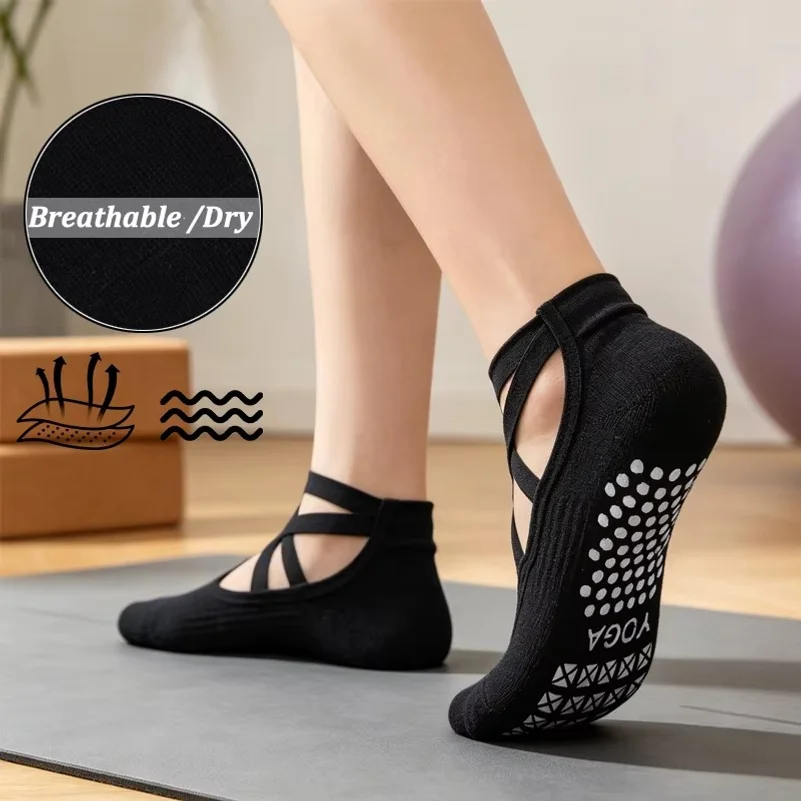 Women Bandage Strap Yoga Socks Non Slip Breathable Backless Pilates Socks Ladies Anti-Slip Sports Socks for Ballet Dance Indoor