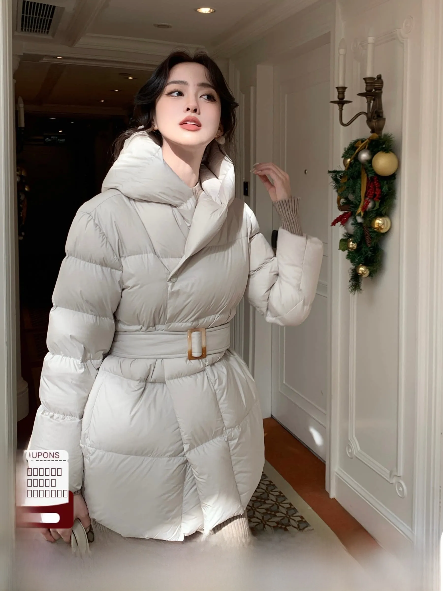 

SYT Ele Casual Sle Soft 90 White Du down Mid-Length Hooded Jaet Warm Outerwear Women's Faion Soft Du down Coat