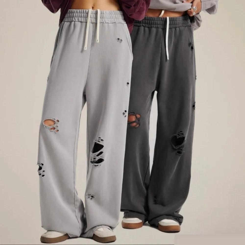 

Unisex Retro Ripped Sweatpants Distressed Loose Wide Leg Pants Drawstring Waist Streetwear Casual Trousers for Men Women