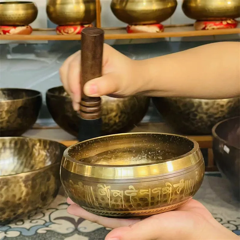 Tibetan Brass Singing Bowl, Yoga Meditation Bowl for Sound Healing Stress Relief, Buddha Mindfulness Bowl Handmade Instrument