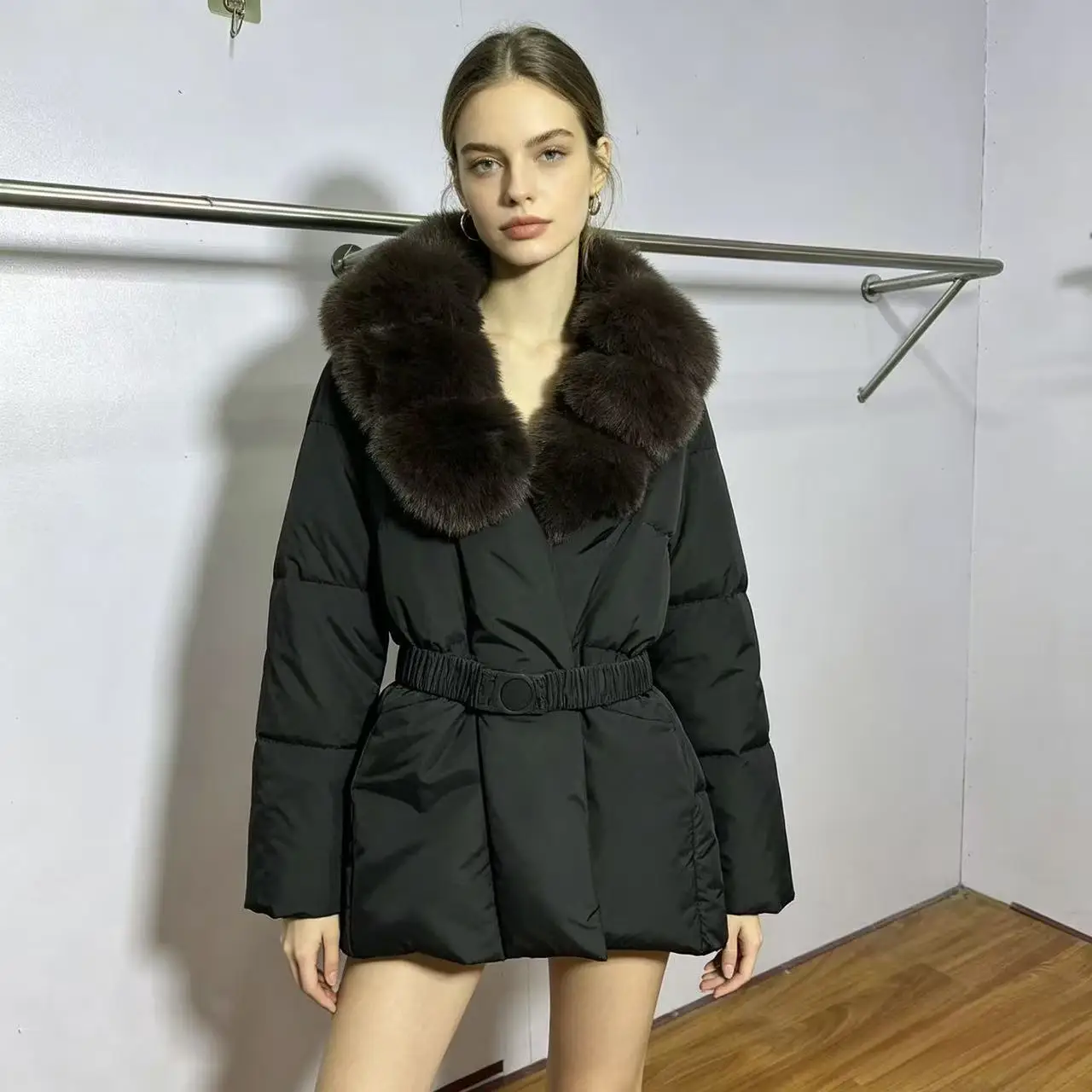 Winter Faux Fur Collar Women's Padded Jacket Warm Belt Waist Cinching Full Sleeve Thicken Cotton Jackets 2026 Lady Outwear