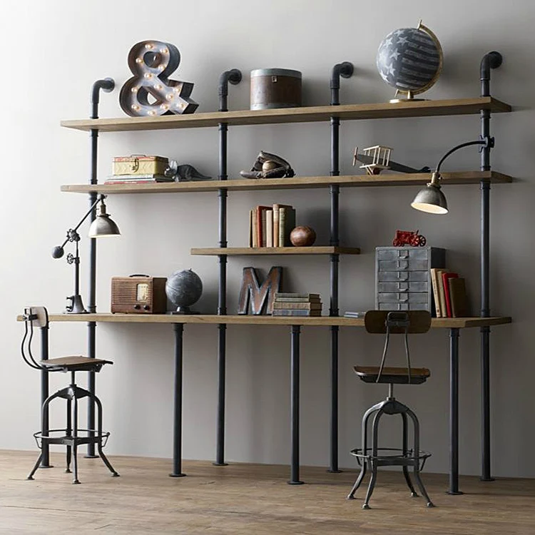 

Wrought iron water pipe computer desk, desktop e-sports creative desk, home student study desk, wall-mounted bookshelf integrate
