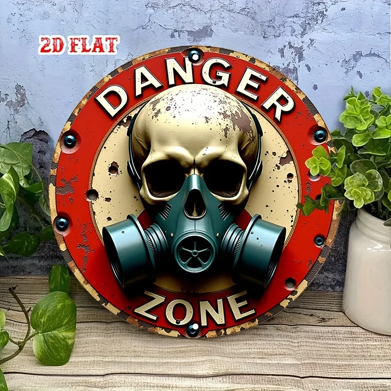 2D Flat "Danger Zone" Gas Mask Skull Round Tin Sign - Retro Post-Apocalyptic Biohazard Art Metal Wall Decor for Man Cave, Bar, S view 6