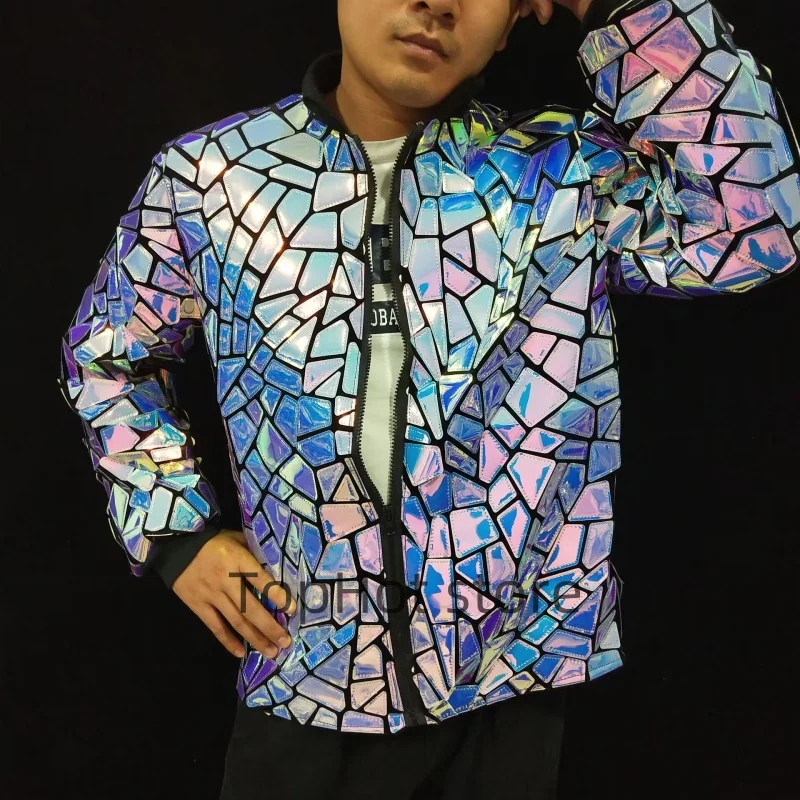 Silver Mirror Jacket Casual Sequins Coat Male Singer Star Stage Performance Costume Long Sleeve Slim