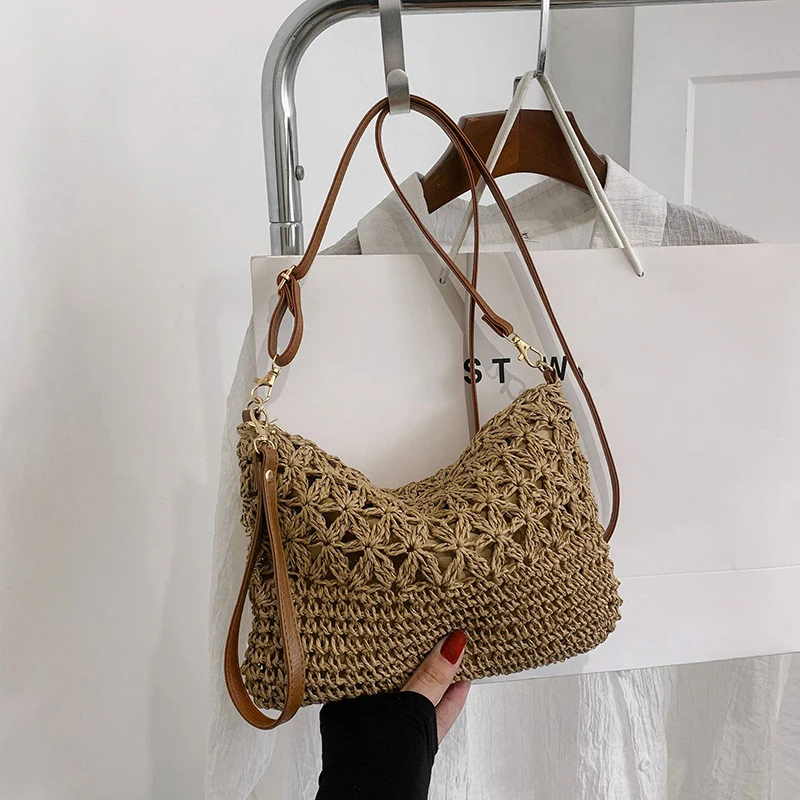 Stroh-Umhängetaschen für Damen, Sommer, gewebte Umhängetasche, Geldbörse, Bast, Strand-Armband, Häkelhandtasche, Geldbörse für Damen – Detail 13