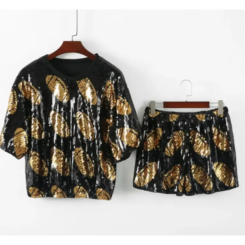 

Новый женский комплект для весны и лета: футболка с коротким рукавом и шорты с блестками, золотой комплект из двух предметов с пайетками