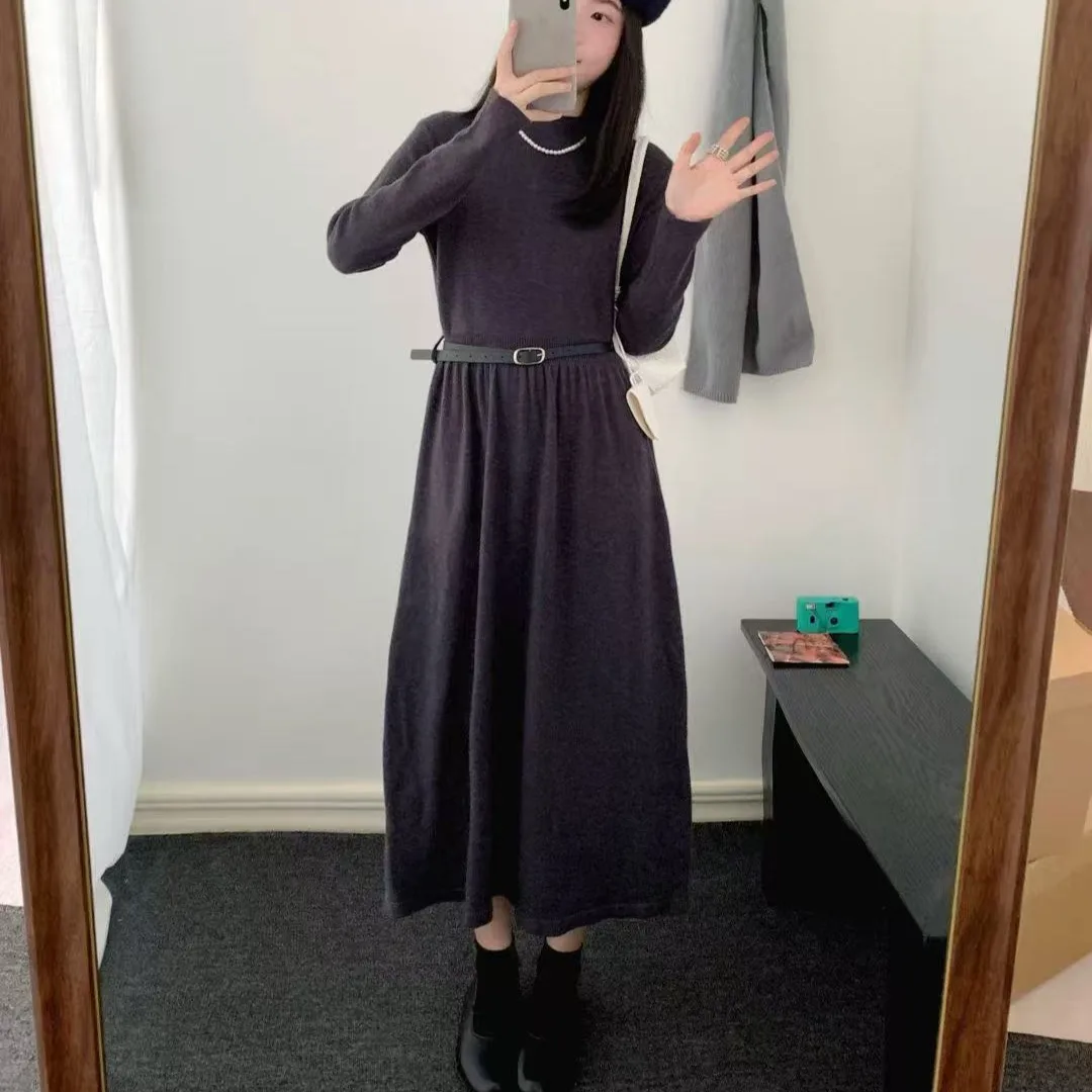 Feminino de malha midi dr outono inverno coreano sle a linha camada base saia emagrecimento com casaco longo plissado dr