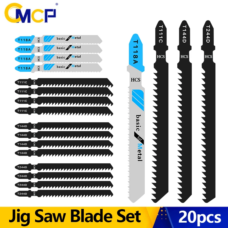 CMCP 20 قطعة مجموعة شفرات المنشار T-Shaft HCS شفرات المنشار المتنوعة للخشب والبلاستيك المعادن قطع T111C T118A T144D T244D #1