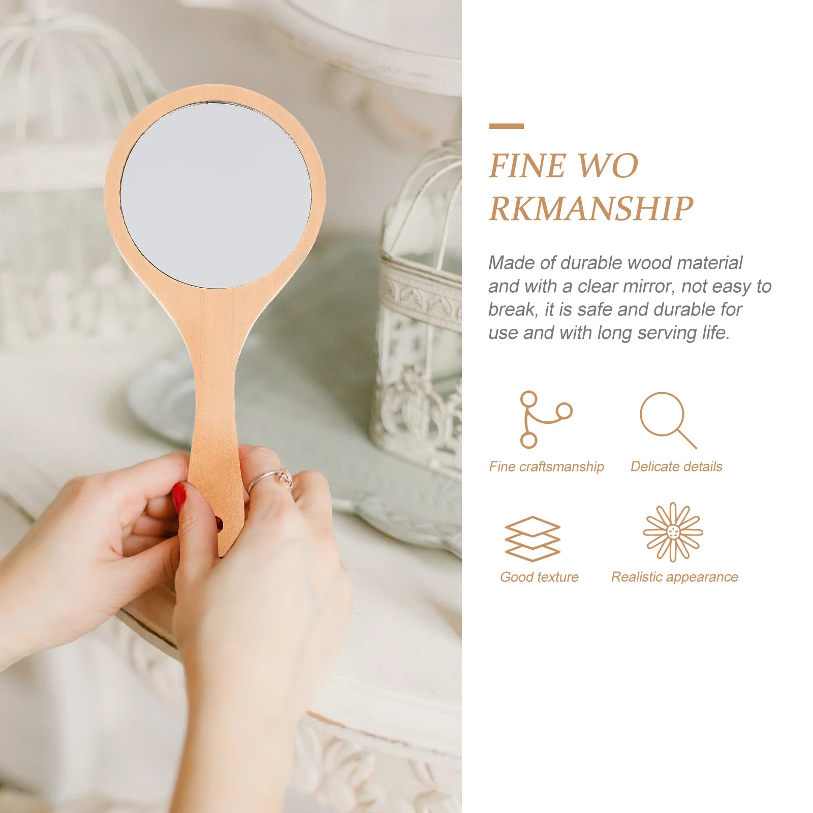 

NOLITOY Vintage Wooden Handheld Makeup Mirror Portable Round Vanity Accessory for Women