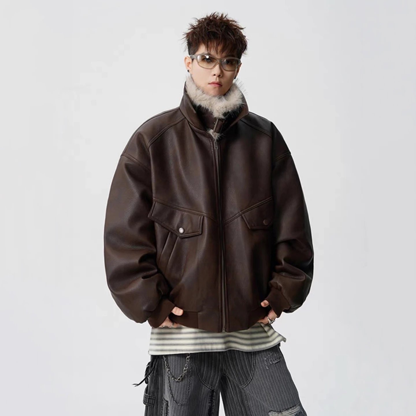 Men's Thickened Fleece Lined Cotton Jacket Autumn Winter Heavyweight High Street Style Belted Patchwork Coat for Couples