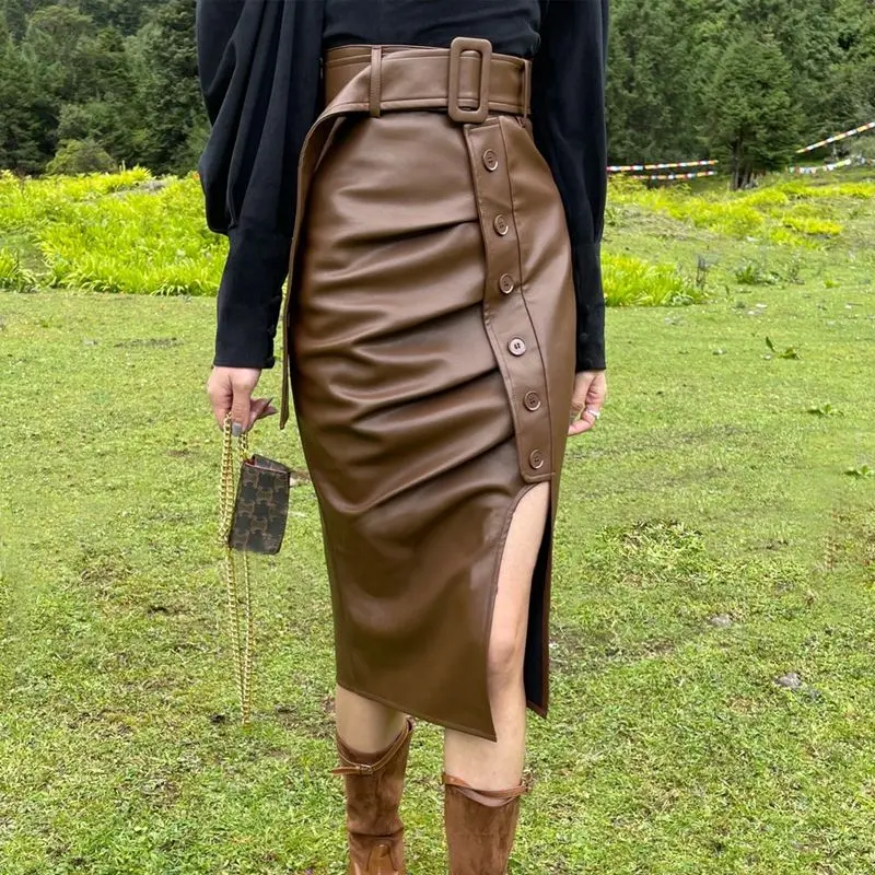 Autumn Winter New Fashion Wrap Hip Pleats Leather Half Skirt Women Asymmetry Sexy High Waist Slim Split Mid-long Skirts