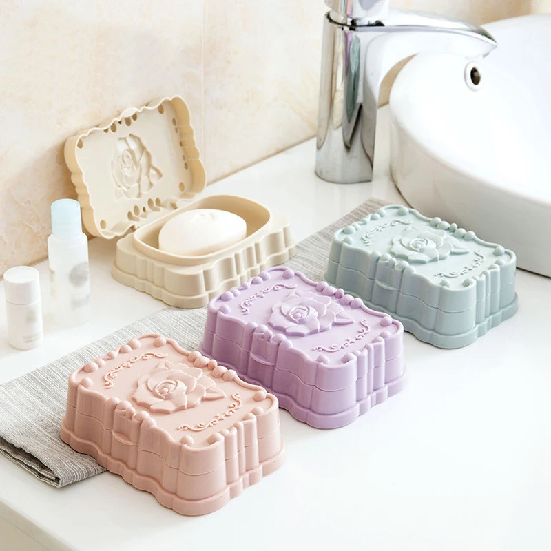 Plastic Travel Soap Box With Rose Lid Home Bathroom Flip Lids Soap Dishes Waterproof Draining Hand Soap Boxes Portable Boxes