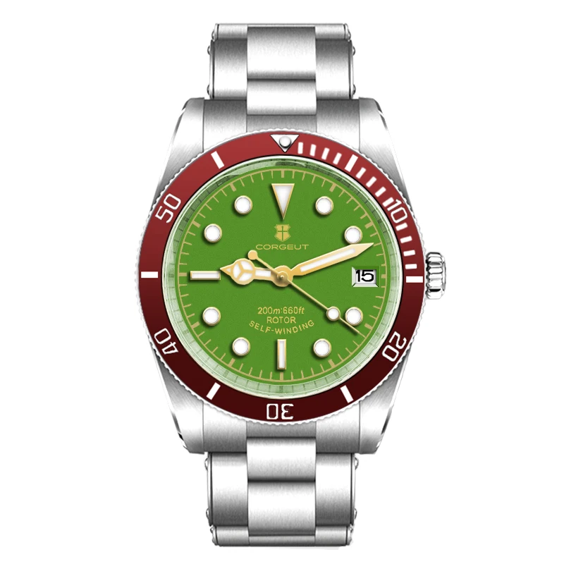 39mm Corgeut Sterile Steel NH35A Green Dial Men Watch Sapphire Crystal Ceramics Bezel Automatic Wristwatch Relógio