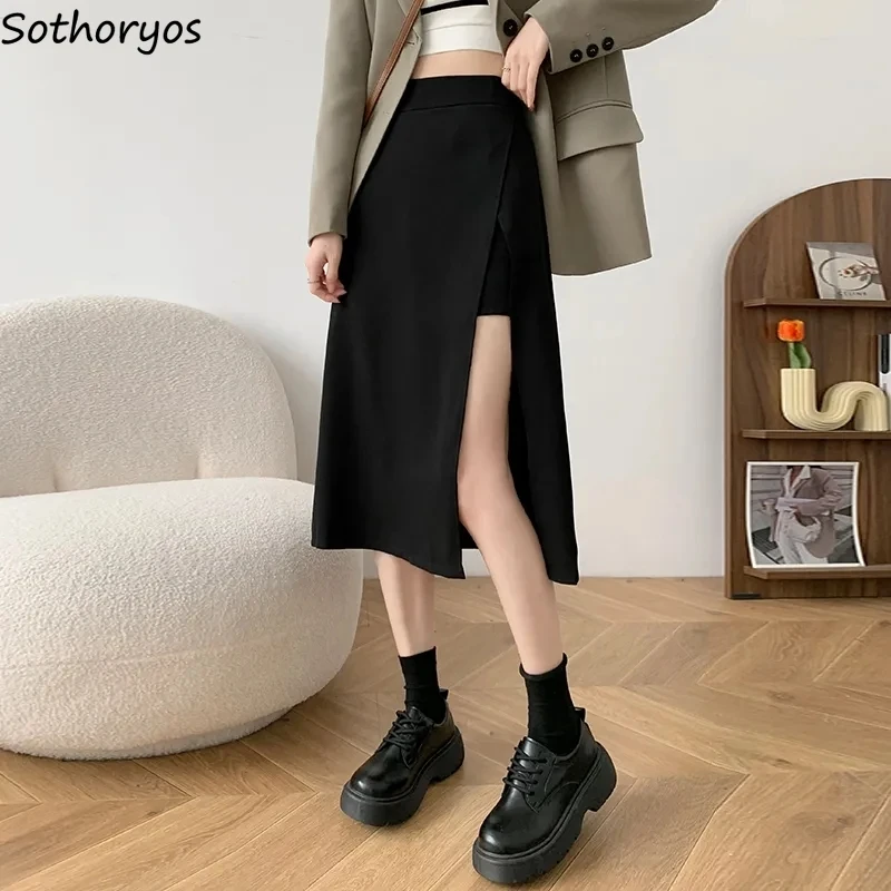 Black Midi Skirts Women Irregular Sexy Side-slit Classic Ulzzang Chic A-line Faldas Minimalist Stylish Females XS-5XL Clothing