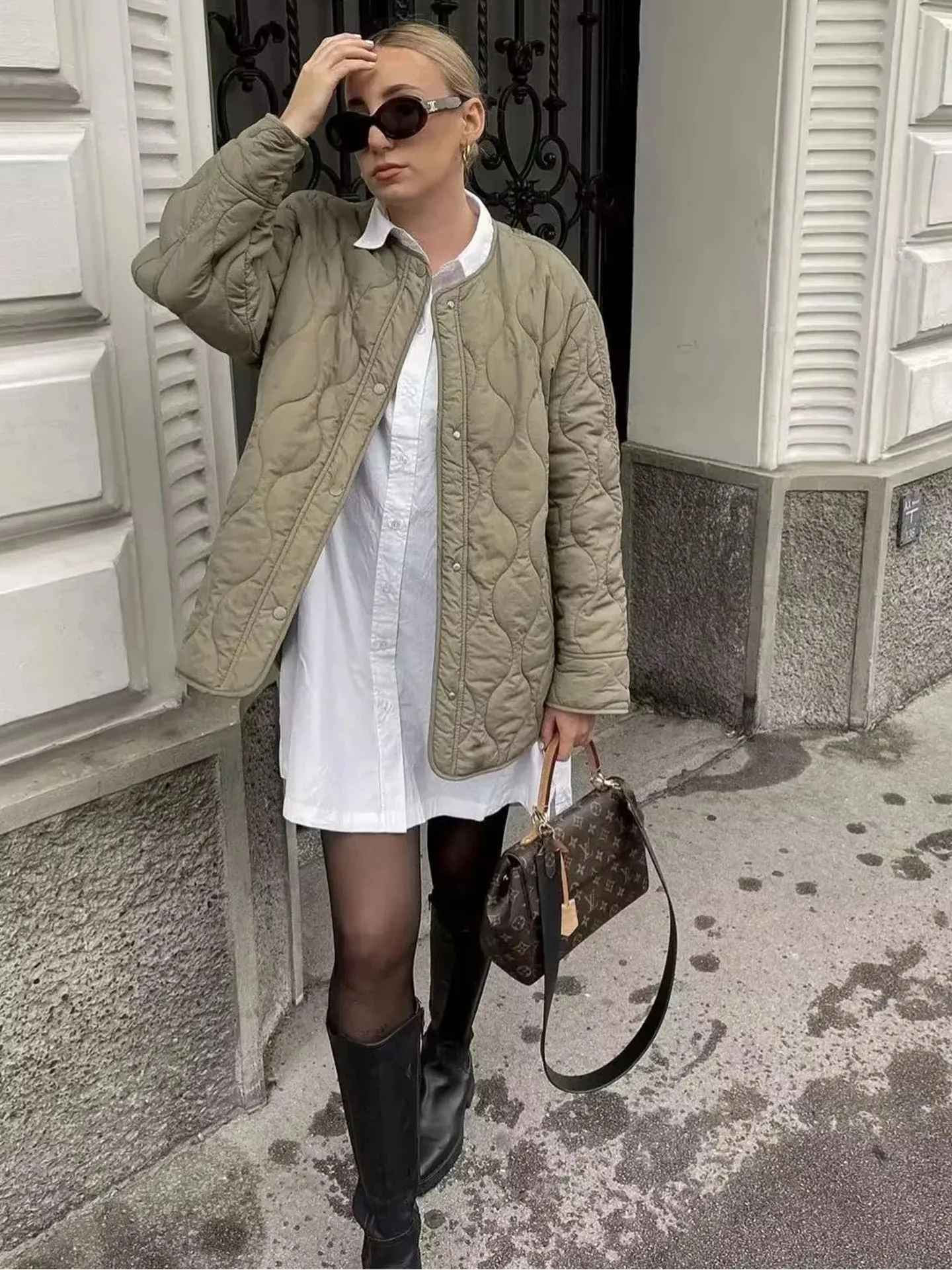 Loose Fit Cotton Jacket Street Style round Neck Long Sleeve New Autumn Women's Outerwear Multi-Buckled Single-Row Coat