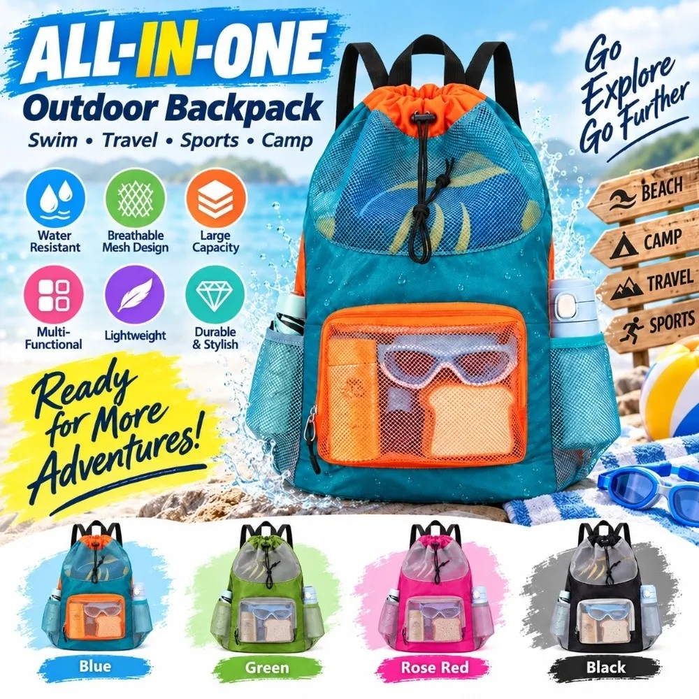 Breathable Mesh Kids Swim Backpack Quick Dry Front Zip Pocket Mesh Beach Pack Drawstring Closure Large Capacity