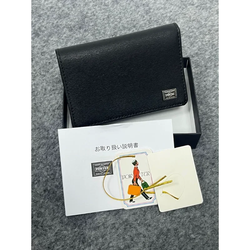Porter Genuine Leather Folding Wallet Men Mini Coin Purse Card Bag Portable Gift Box Minimalist Casual Small Money Clip