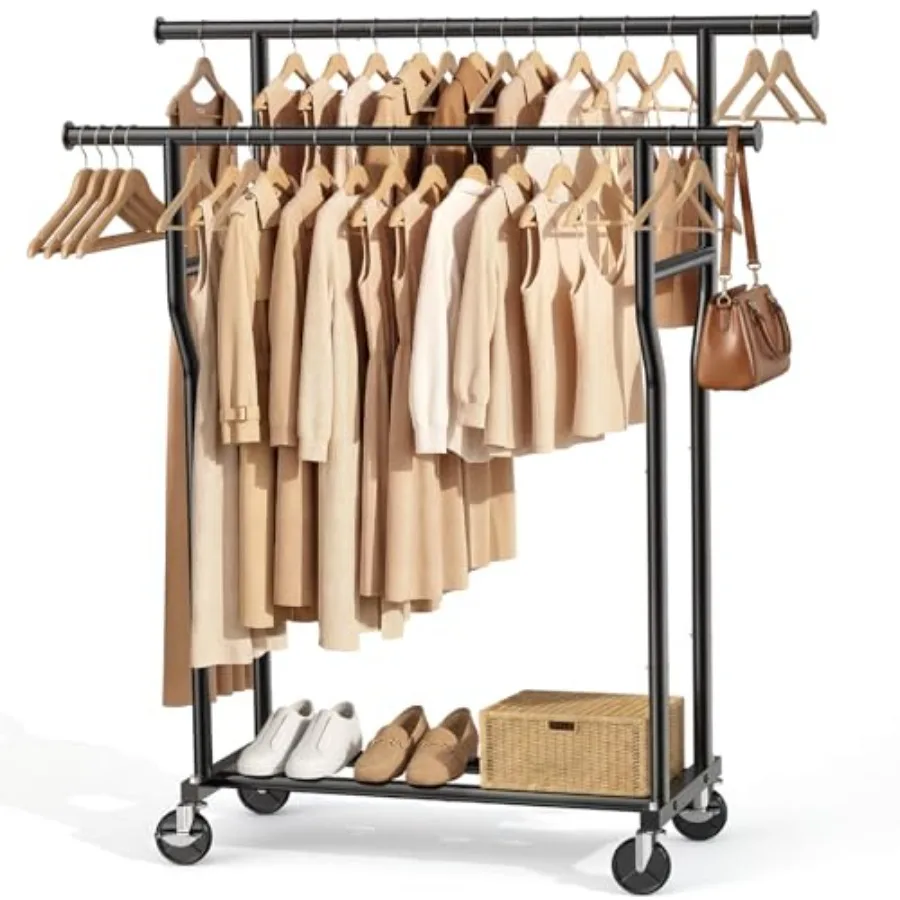 

Clothes Rack, Double Rods Rolling Clothing Rack for Hanging Clothes Load 260 LBS Closet Rack with Wheels, Metal Portable Garmen