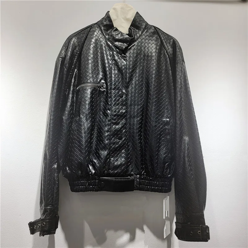 HKSH Women PU Leather Jacket Vintage Stand Collar Woven Design Patchwork Zipper Loose Moto Biker Style Niche Trendy Coat HK25867