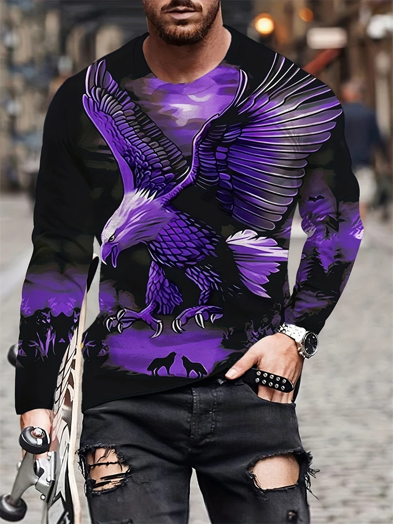 Men\'s Eagle Hand-painted Pattern Casual T-Shirts Long Sleeve Streetwear 3D Animal Printing Hip Hop Male Tops Tee Plus Size 4XL