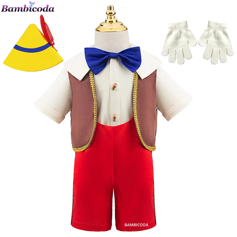 Baby Boy Pinocchio Cosplay Suits Movie Shirt Pants Vest Sets With Hat 1-6 Years Halloween Anime Character Puppet Outfits