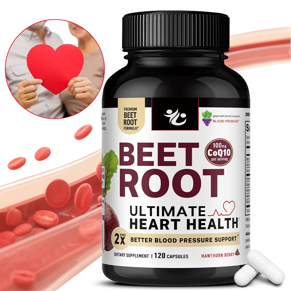 Organic Beetroot Powder Capsules - with CoQ10, Grape Seed Extract- Supports Healthy Blood Circulation & Heart Healthy Energy