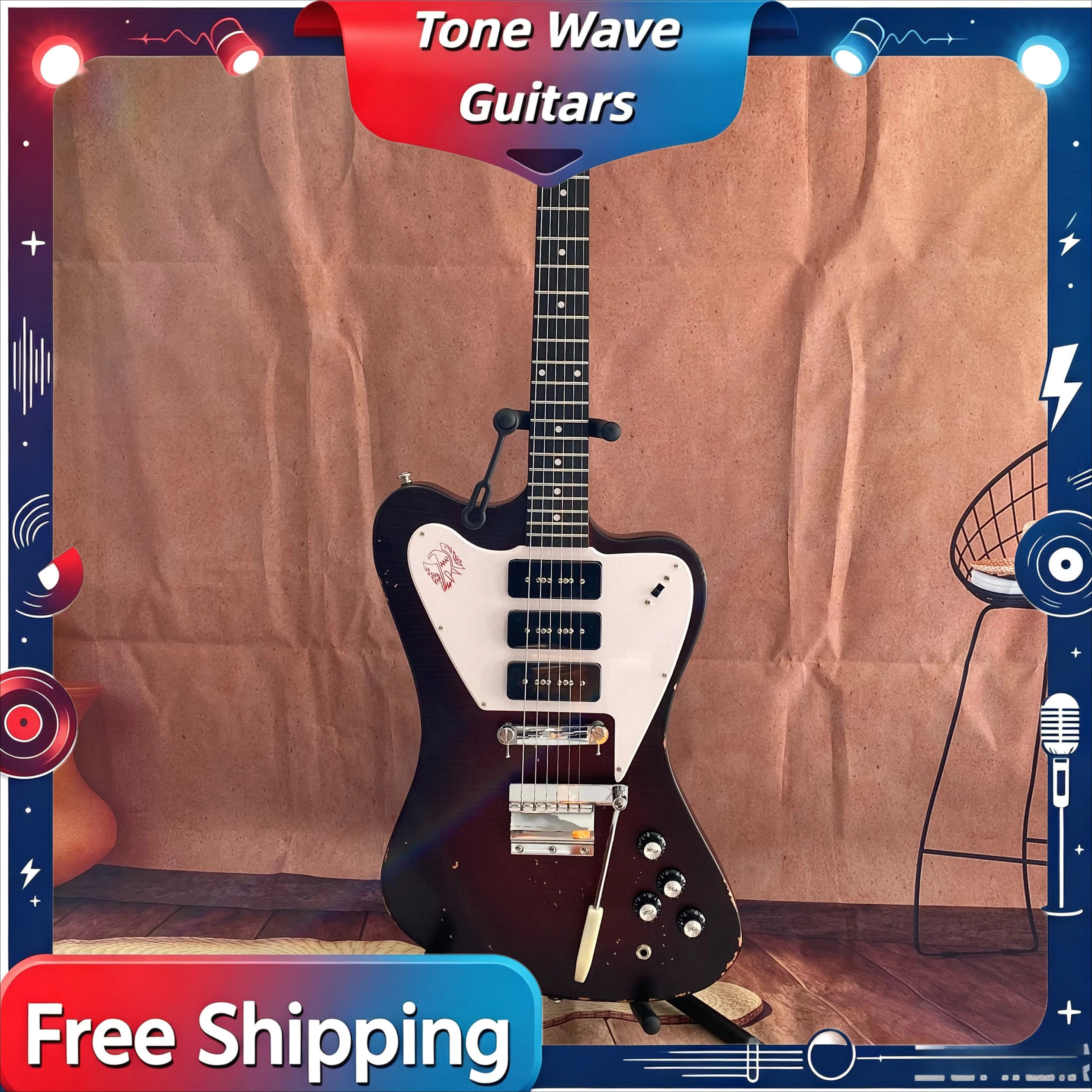 2026 HOT Vintage Wine Red Firebird Style Electric Guitar Triple P90 Pickups Mahogany Body Delivery Included