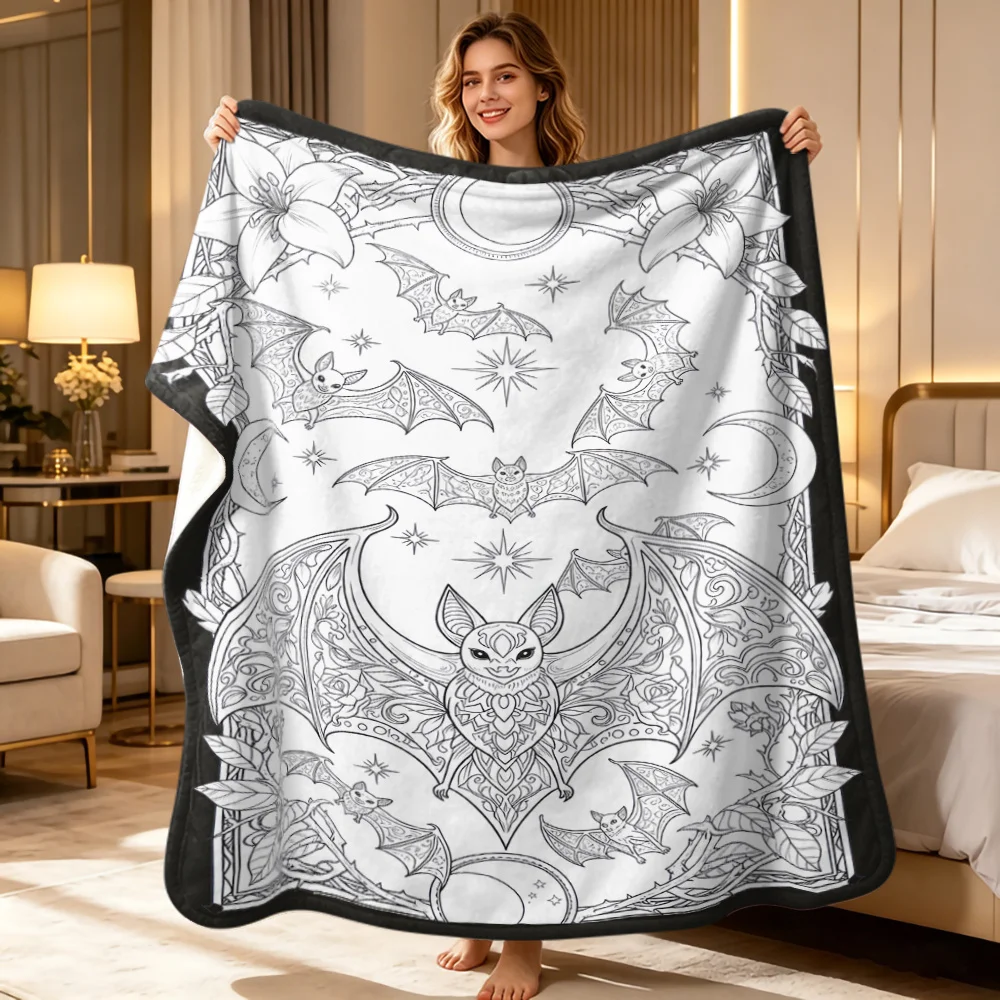 Gothic Bat Moon Star Floral Flannel Throw Blanket, Mysterious Sketch Art Print Soft Cozy Blanket Sofa Couch Bed Home Decor Gift