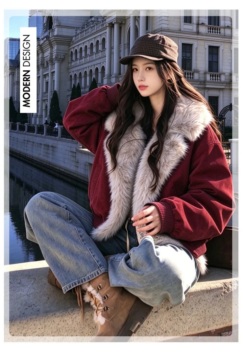 2026 Fashion Down Cotton-padded Jacket Women's Winter Coats Long Fur Collar Short Parkas Thicken Warm Streetwear Loose Outerwear