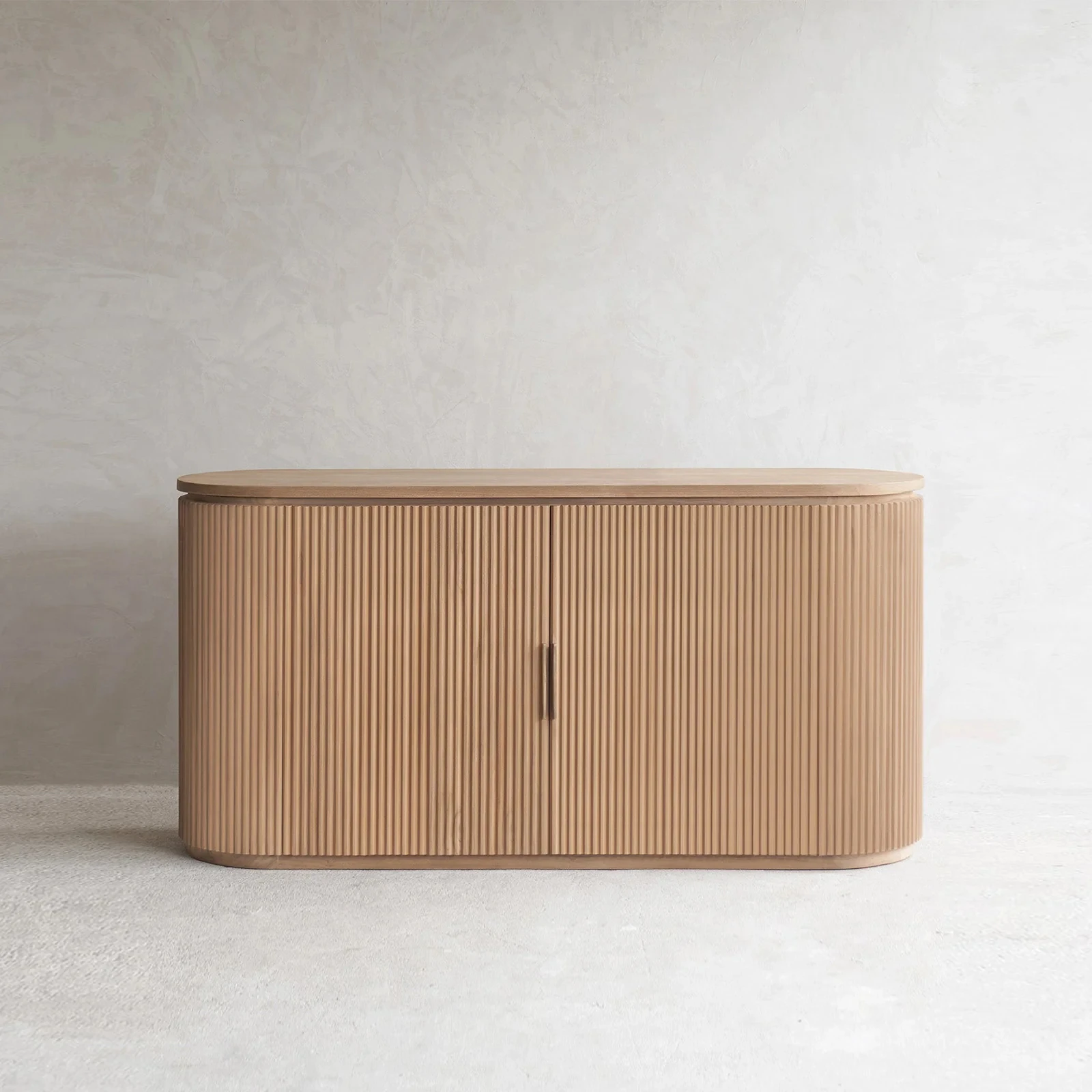 ^Japanese Wabi-Sabi Style Vertical Stripe Edge Cabinet with Curved Corners, Suitable for Dining Area Storage and General Use.