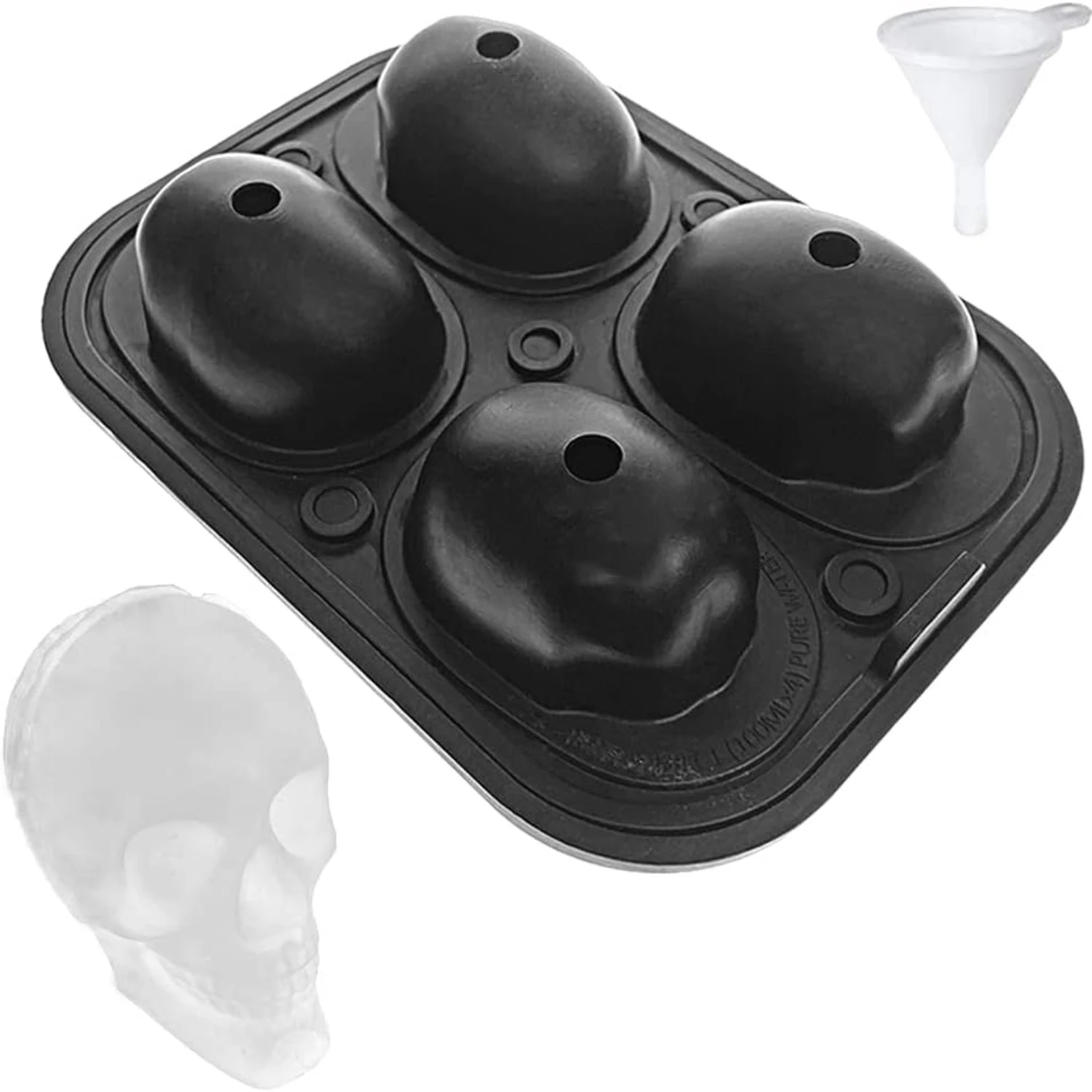 Large 4D Skull ICE MOLD Silicone 4 Cavity Super Flexible Ice Cube Mold with Funnel  for Jello Whiskey Cocktails Chocolate Juice